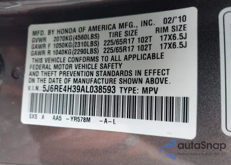2010 Honda Cr-V Lx from USA, damaged, VIN 5J6RE4H39AL038593